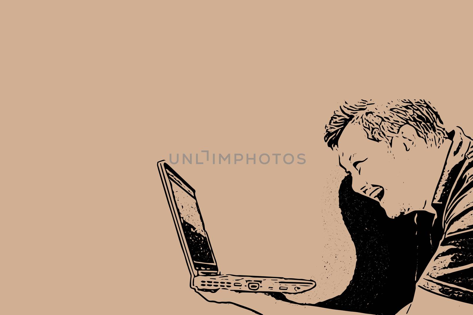 Sketch drawing of man holding computer notebook or laptop with laughing and smile in happiness and cheerful concept on brown background with copy space use for artwork, template or slideshow