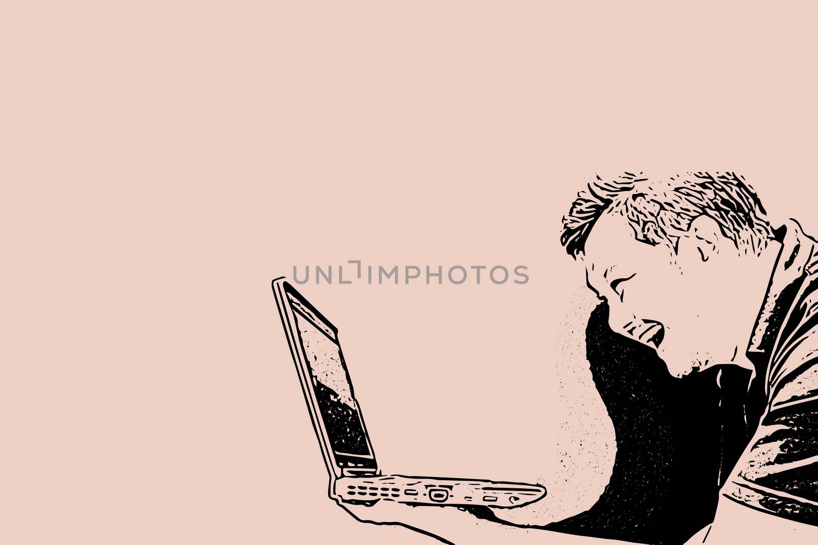 Sketch drawing of man holding computer notebook or laptop with laughing and smile in happiness and cheerful concept on pink background with copy space use for artwork, template or slideshow