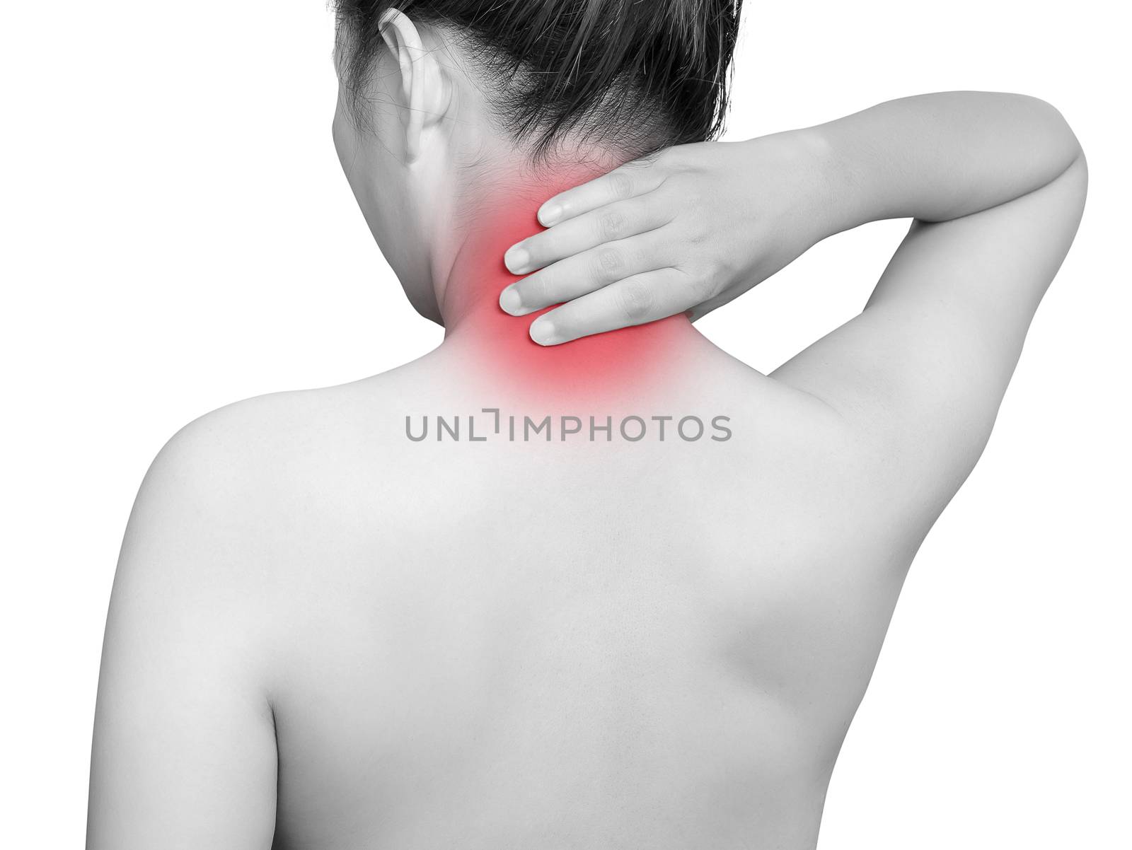 woman suffering from neck pain using hand massage painful neck and nape. mono tone color with red highlight at neck , neck muscles isolated on white background. health care ,medical concept. studio by asiandelight