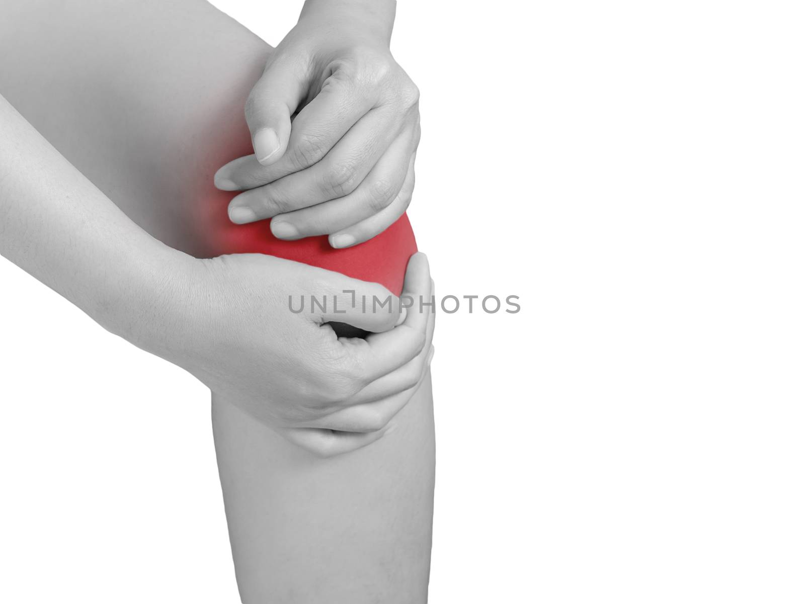 woman suffering from knee pain, joint pains. mono tone highlight at knee isolated on white background. health care and medical concept