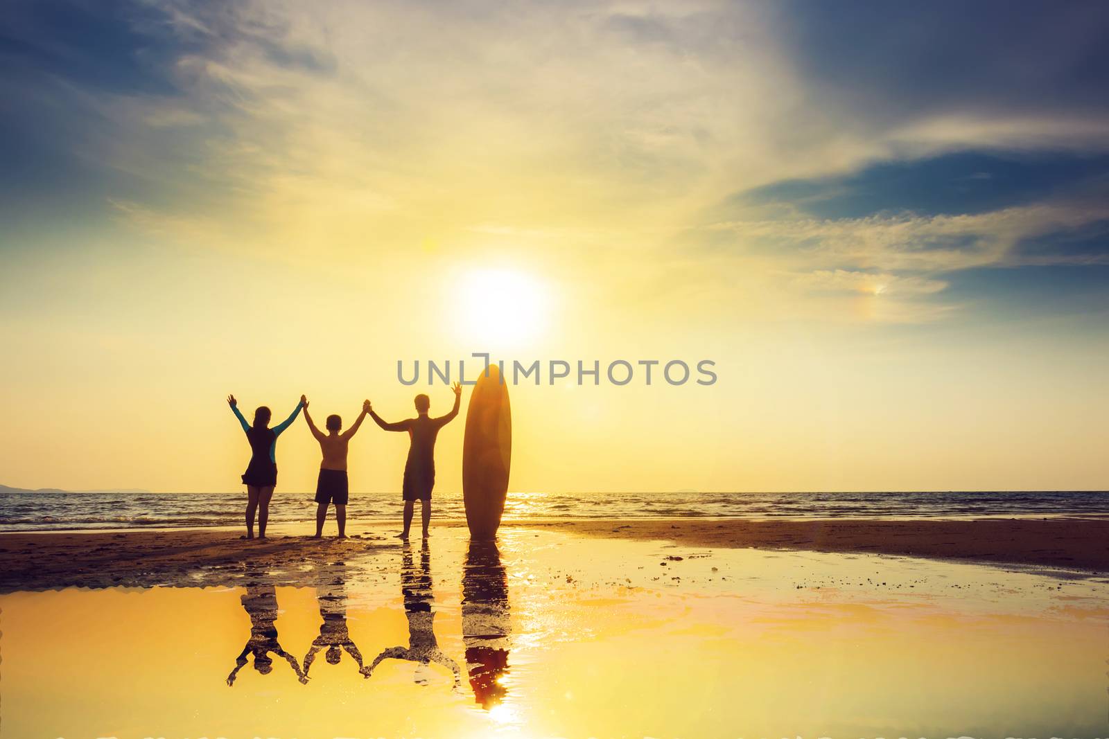 Silhouette of surf man happy friend group stand with surfboard, open arms. Surfing at sunset beach. Outdoor water sport adventure lifestyle.Summer activity. by asiandelight