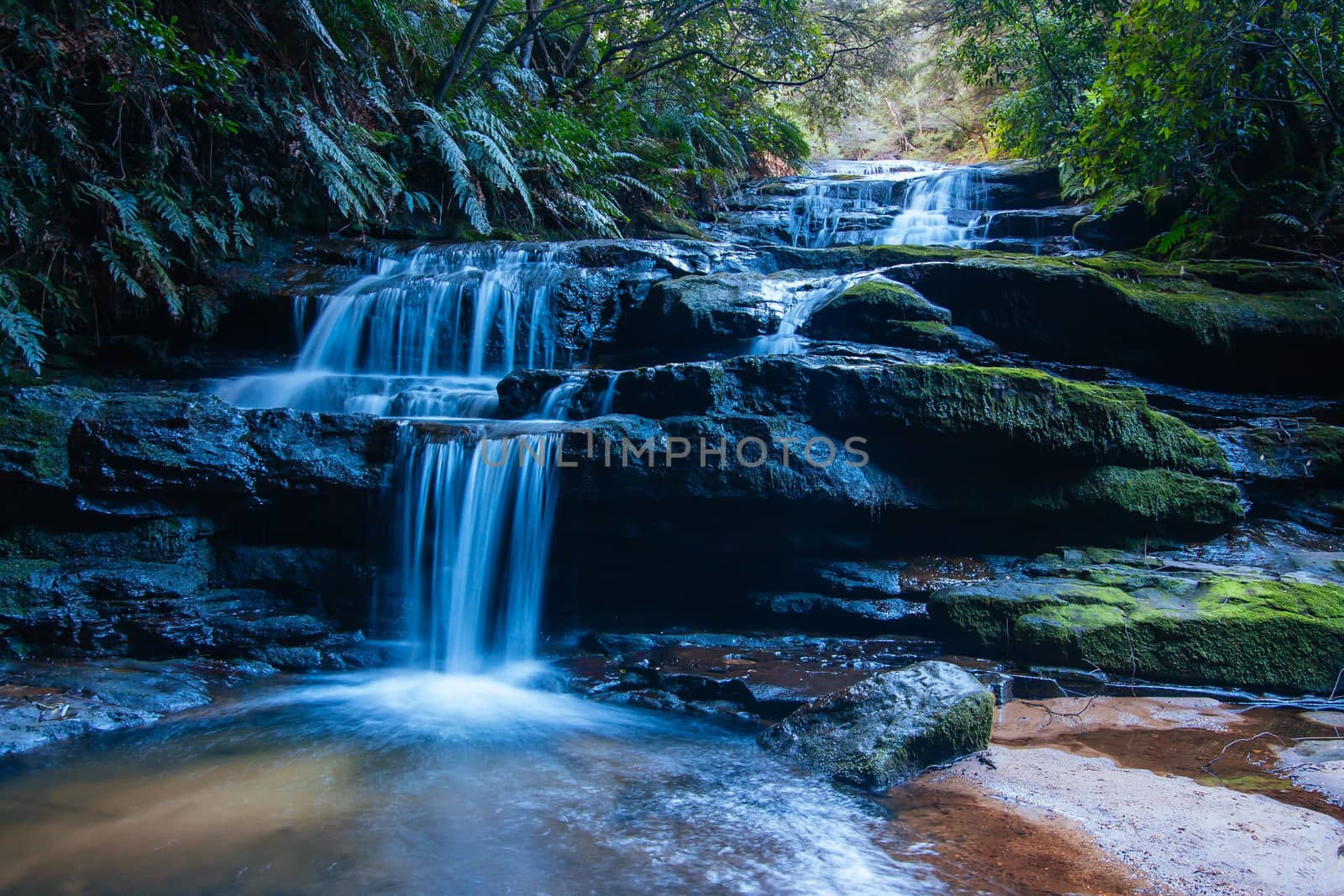 Water cascading over rocks early in the morning in Leura Cascades, New South Wales, Australia