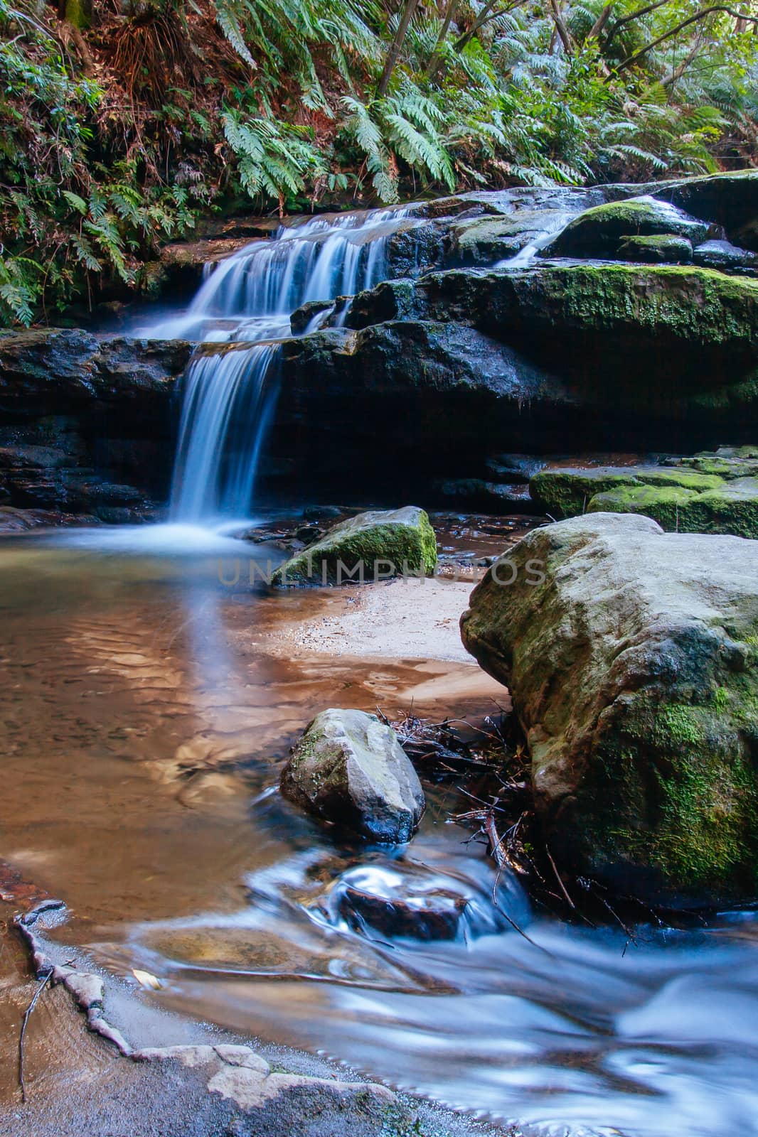 Water cascading over rocks early in the morning in Leura Cascades, New South Wales, Australia