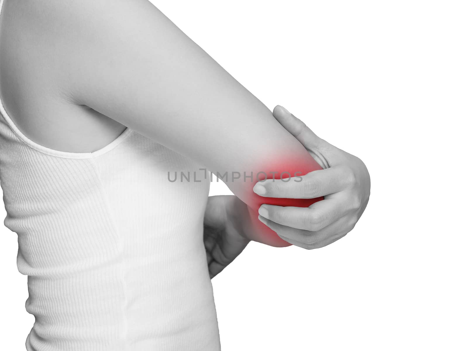 woman suffering from elbow pain, toggle pain. mono tone highlight at elbow , toggle isolated on white background. health care and medical concept