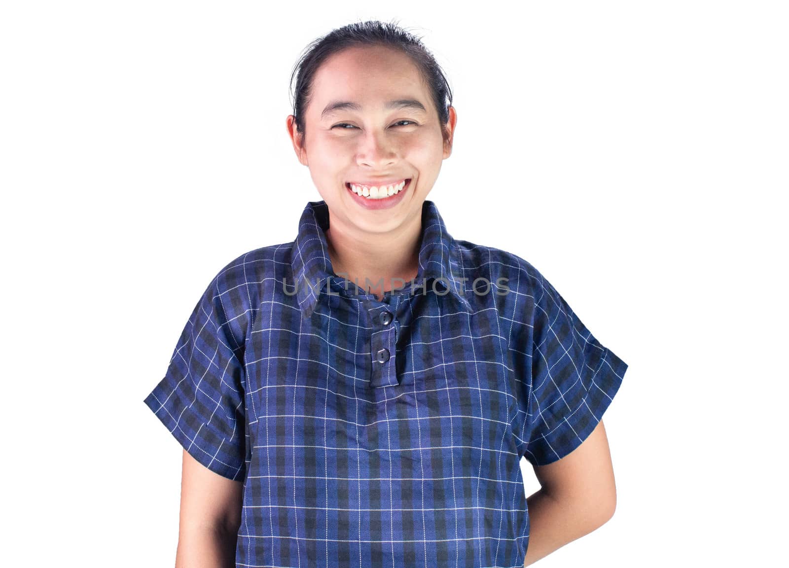 Asian woman smiling with happy face isolated on white background. Good health concept.