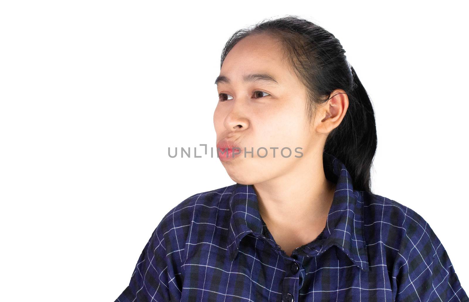 Asian young woman uses the tongue to clean the teeth due to food scraps attached to the teeth, Isolated on white background.