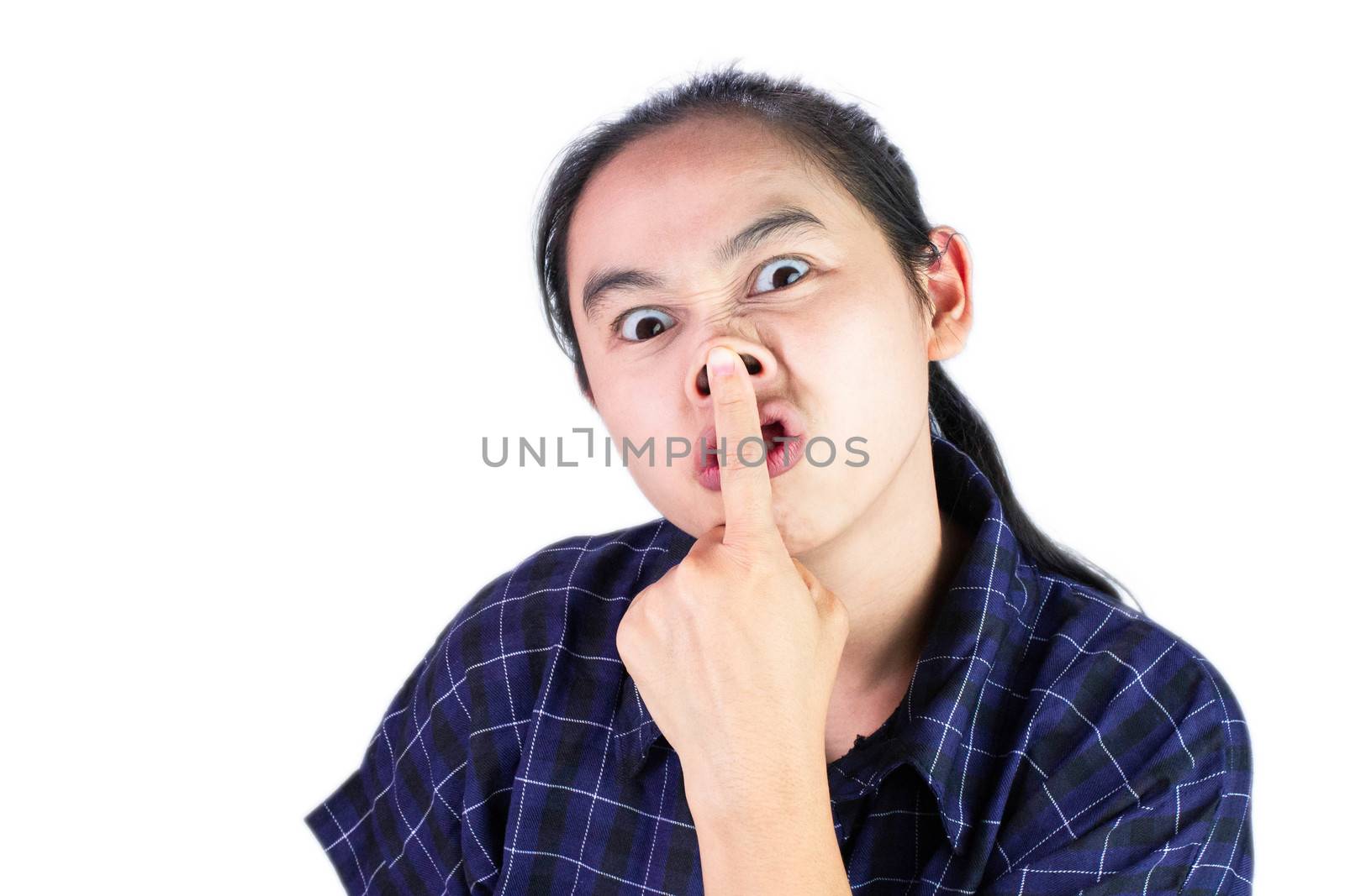 Asian young woman in blue shirt, Make funny faces for you to be happy and not stressed. Body language and encouragement concept.