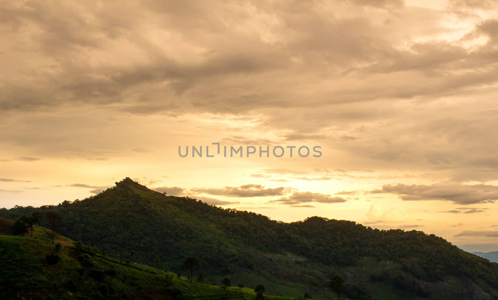 Landscape view of complex mountain with sunset in the evening in northern of Thailand.