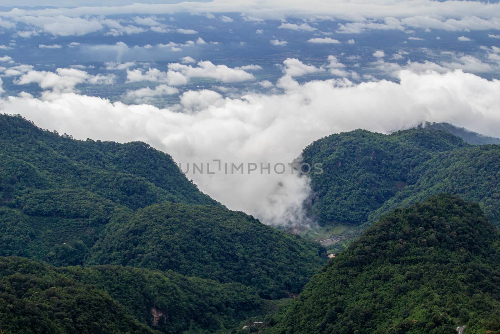 Landscape of complex mountain with fog in northern of Thailand.