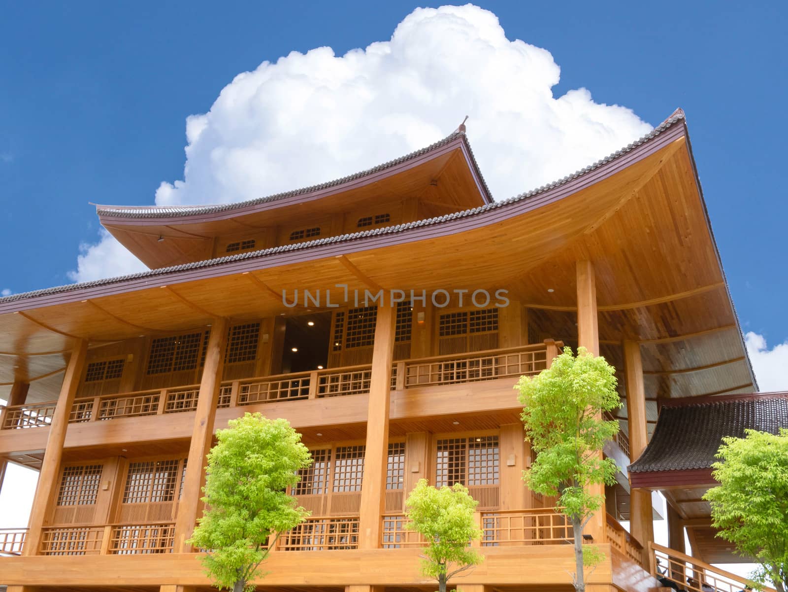 CHIANGMAI THAILAND - July 21,2019 ; Side corner view of Hinoki Land with clear sky.  New castle for travel in Chaiprakarn district Chiang Mai,Thailand. Japanese building style.