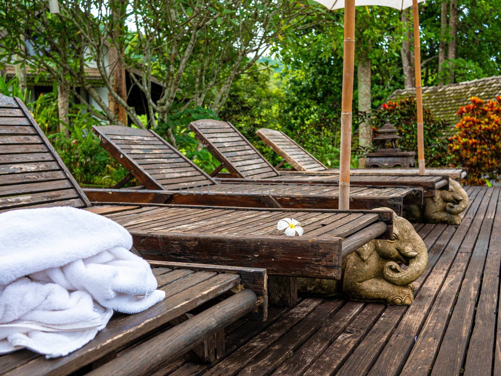 Wooden sunbed at the poolside at Northern resort of Thailand in  by TEERASAK