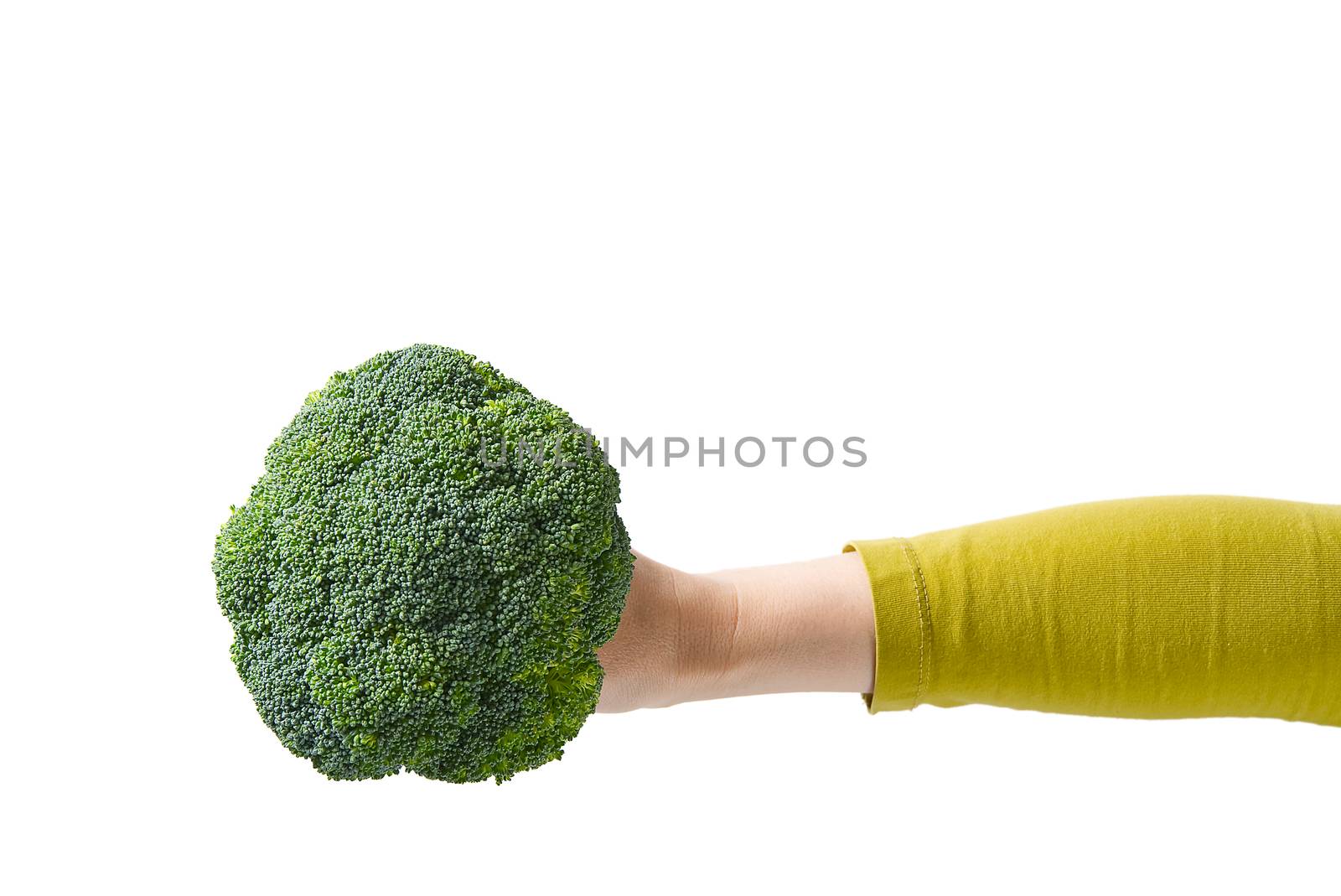 Fresh Organic Green Broccoli in Woman's Hand, Concept Healthy Food. Female Hand Holding Broccoli Isolated on White Background. by PhotoTime