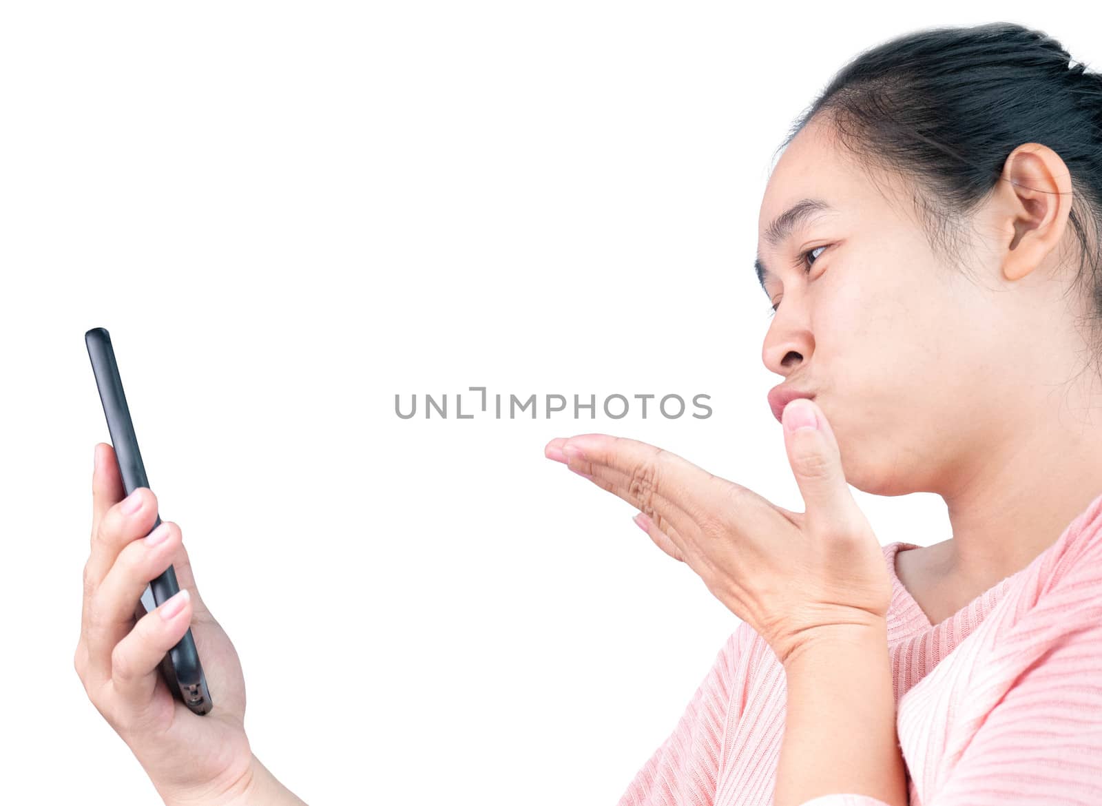 Happy Asian young woman talking by video call on smartphone isolated white background.