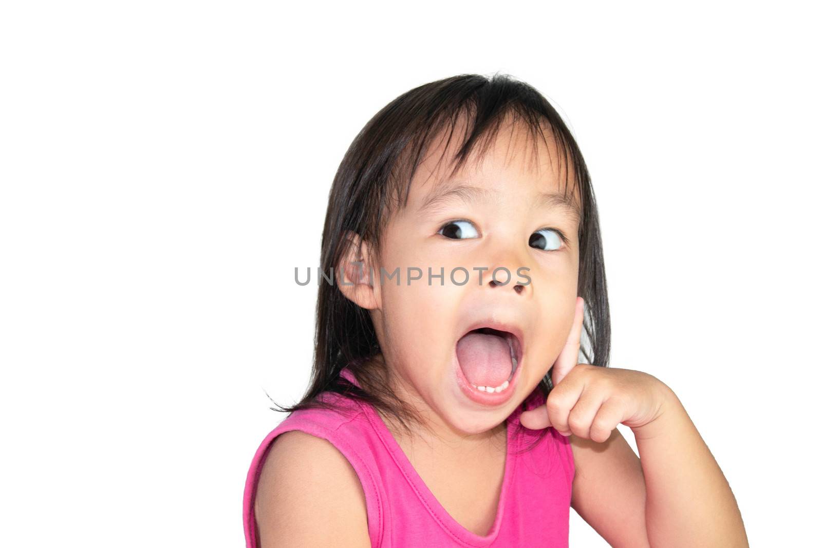 Adorable Asian child thinking and wearing pink dress isolated on a white background. by TEERASAK