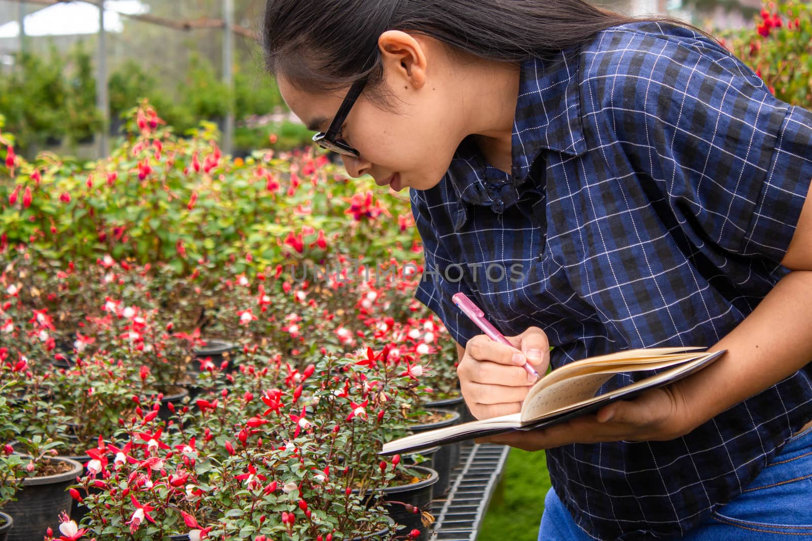 Portrait of Gardener Asian woman at work in greenhouse with notebook examines the growing flowers on the farm and diseases in greenhouse.