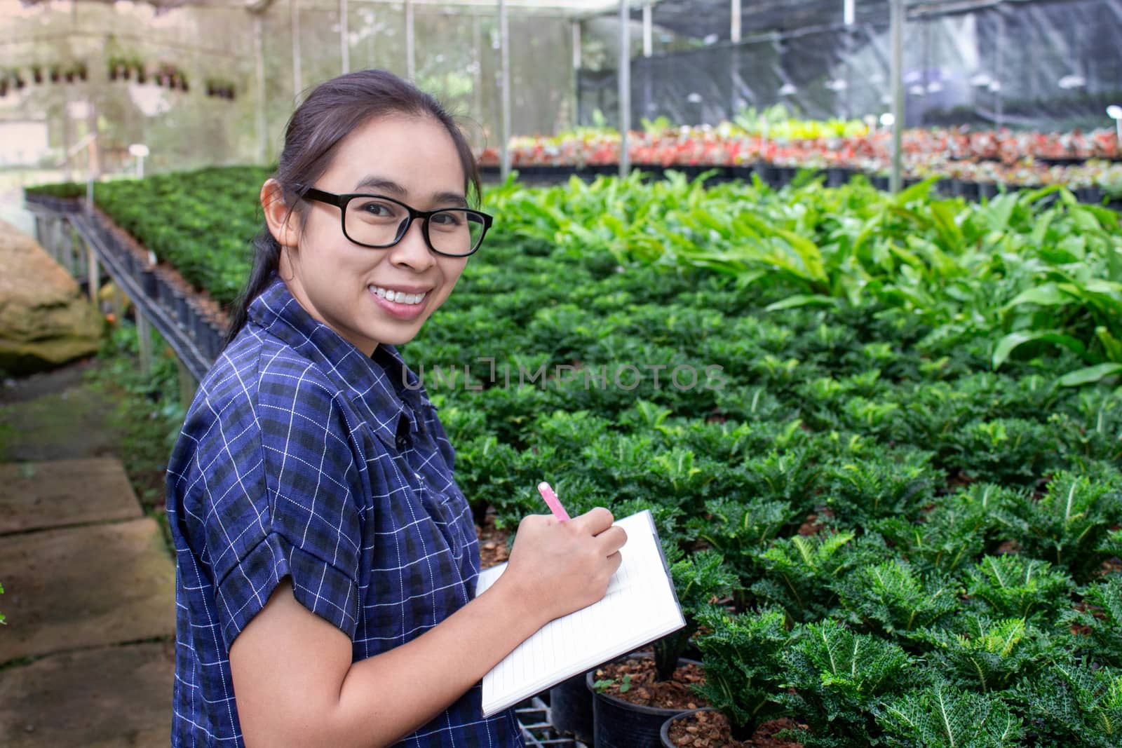 Portrait of a farmer Asian woman at work in greenhouse with notebook examines the growing seedlings on the farm and diseases in greenhouse.