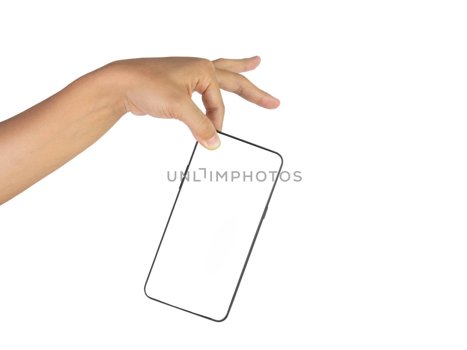 Close-up of hand holding smartphone isolated on white background with space for your text.