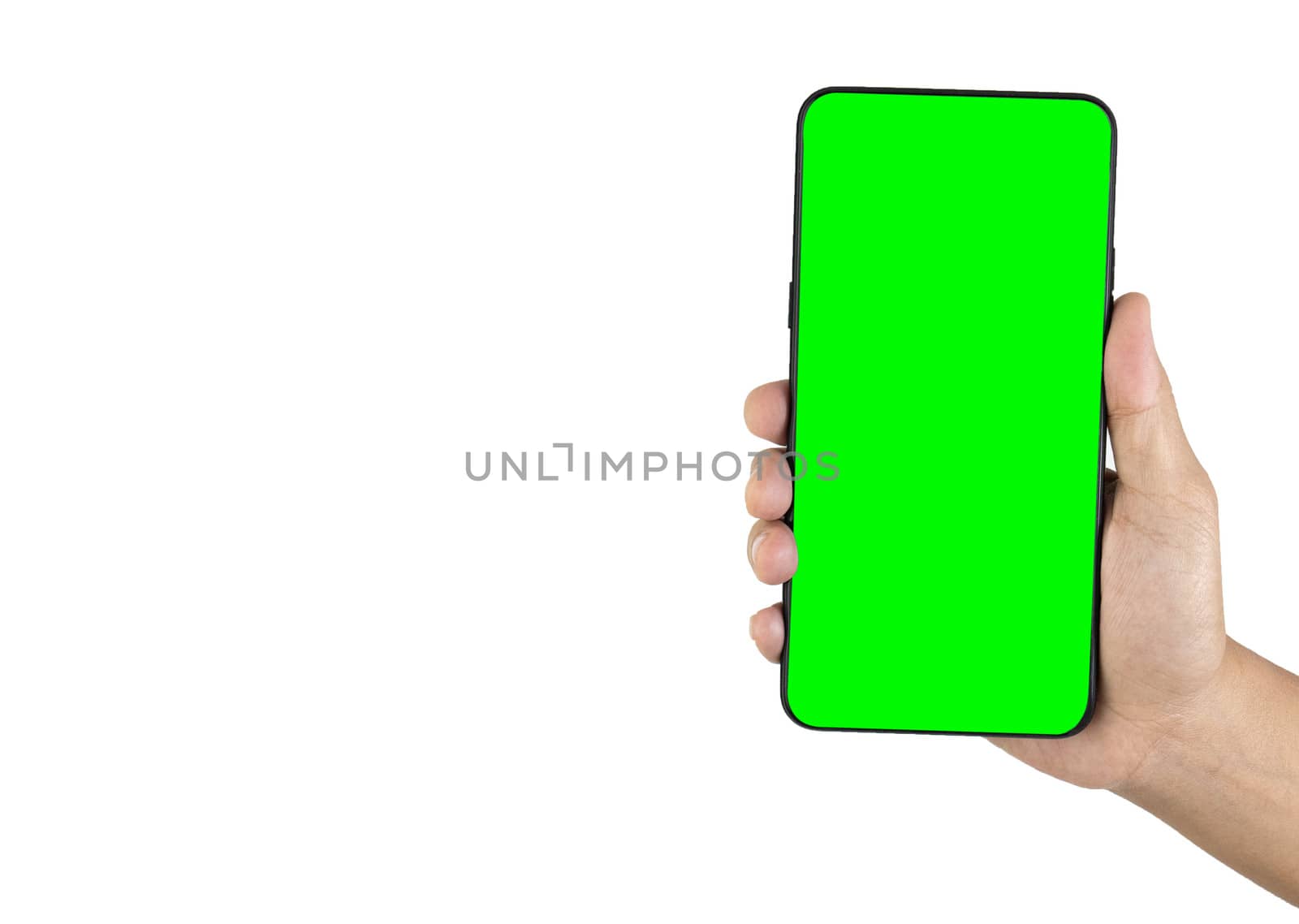 Close-up of hand holding smartphone isolated on white background with space for your text. by TEERASAK