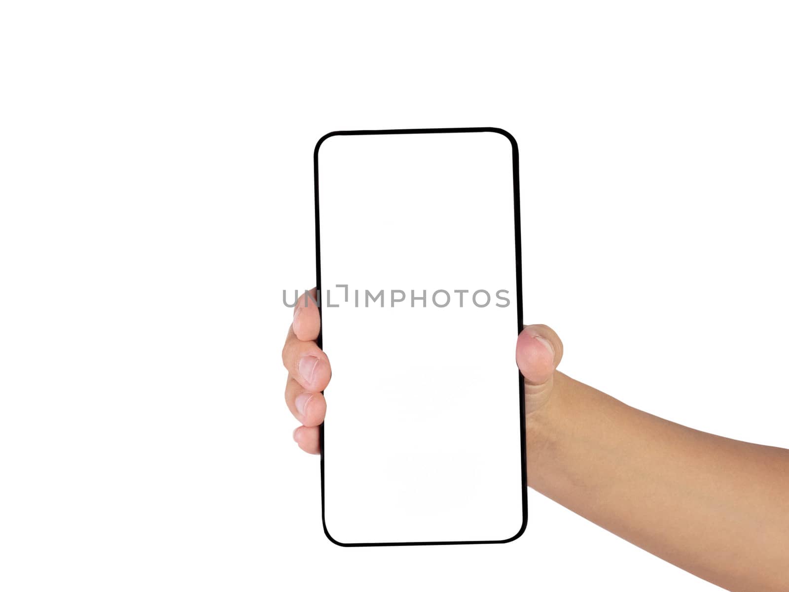 Close-up of hand holding smartphone isolated on white background with space for your text.