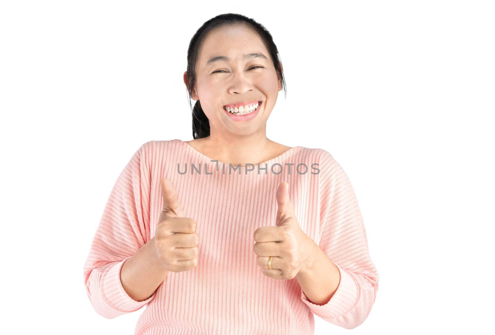 Happy smile face of beautiful young Asian woman show thumb up for success, Isolated on white background.