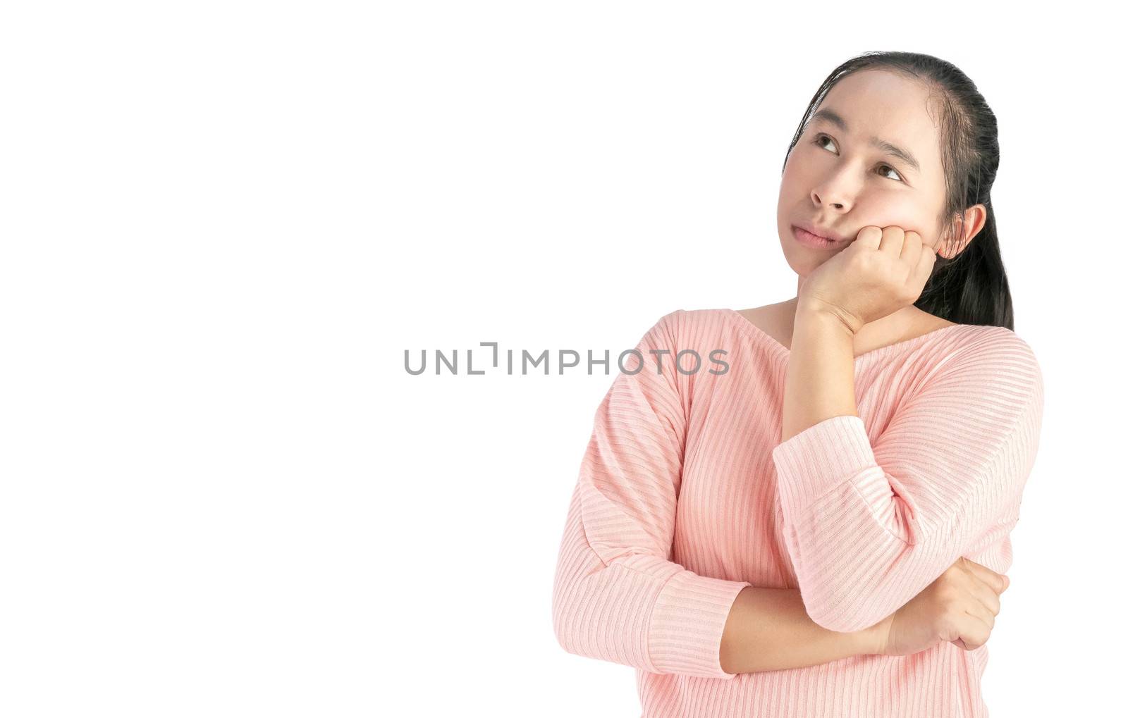 Thoughtful of Asian woman face holding hand near the face and looking seriously up, standing over white background with space for text.