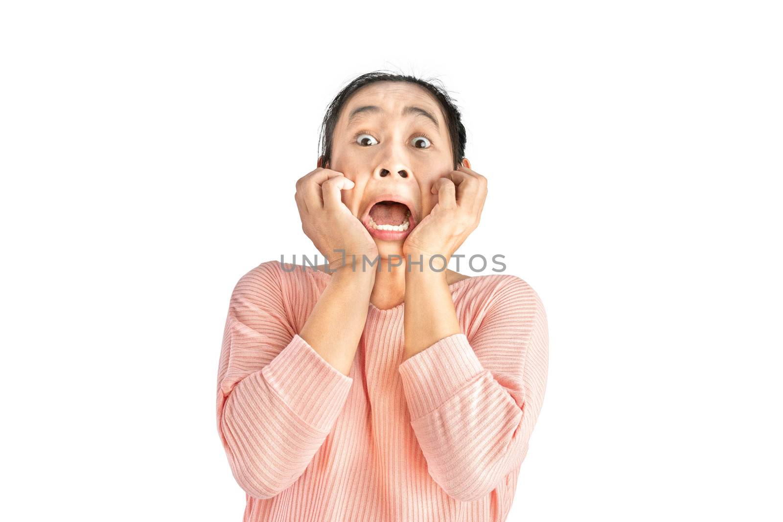 Shocked and frightened face of young Asian woman wear pink t-shirt, Isolated on white background.