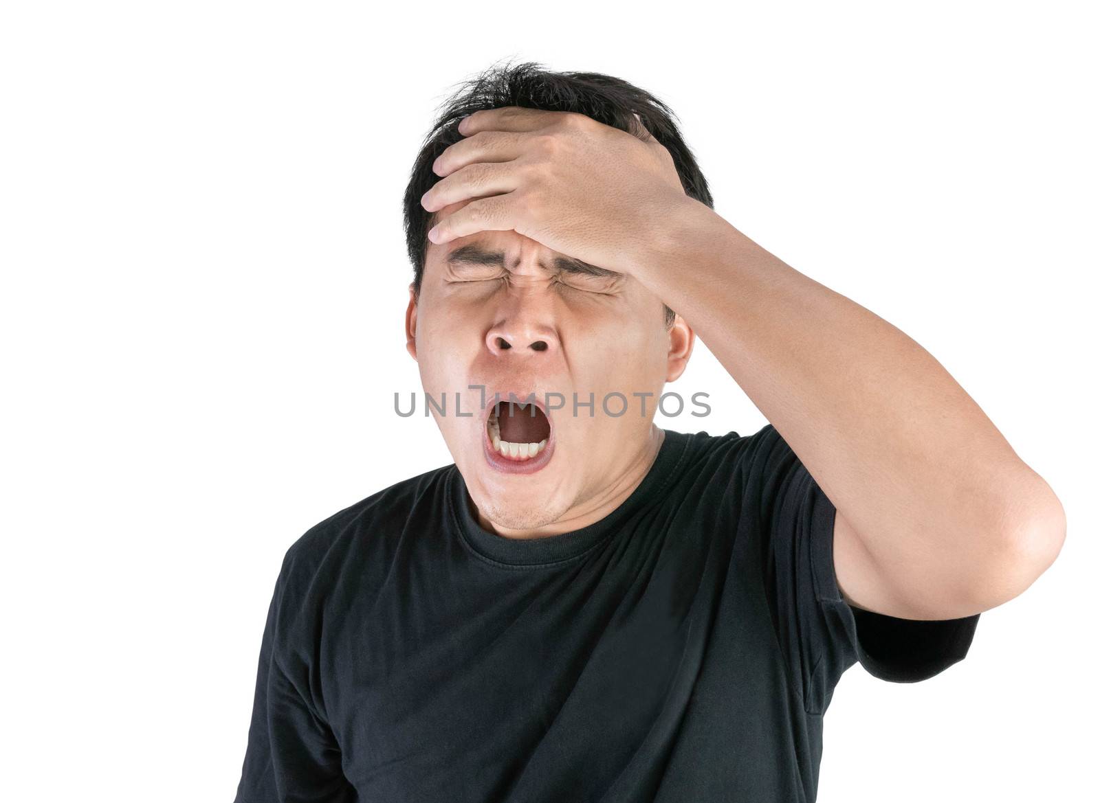 Stressed and frustrated face of Asian man wearing black t-shirt isolated on white background. by TEERASAK