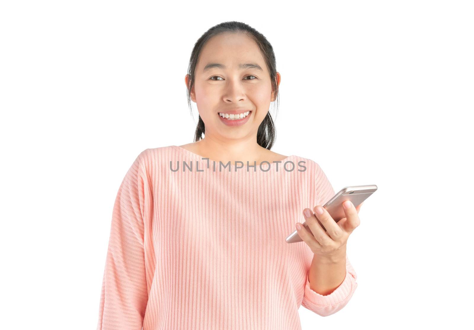 Happy smile face of beautiful young Asian woman use smartphone, Isolated on white background. by TEERASAK