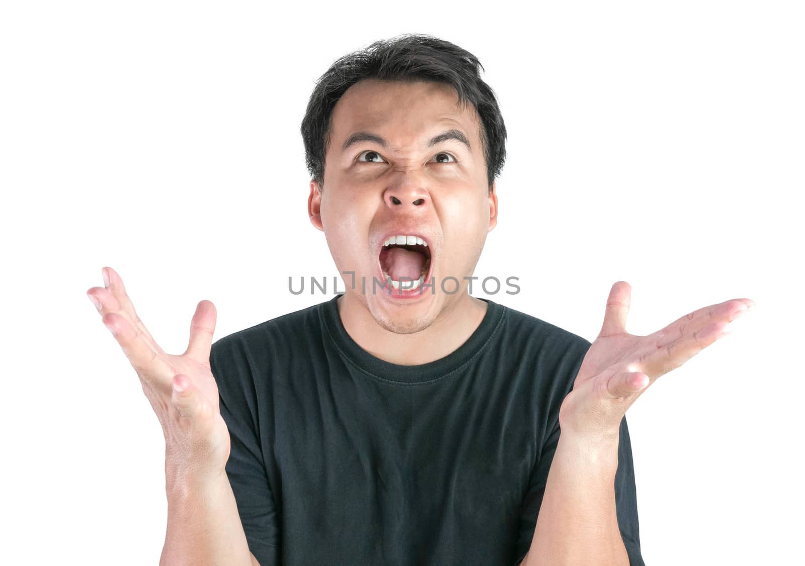 Angry and Mad face of Asian man wearing black t-shirt isolated on white background. by TEERASAK