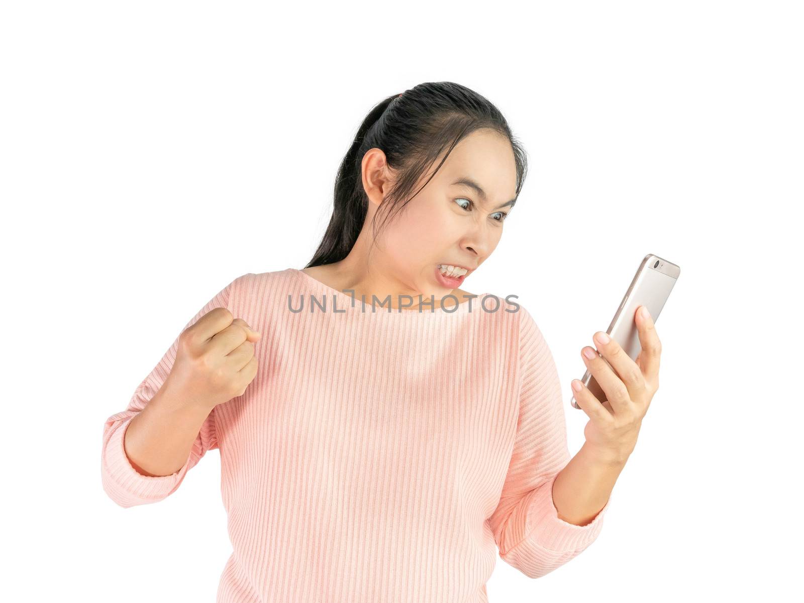 Asian woman angry and furious what she see in the smartphone, IsAsian woman angry and furious what she see in the smartphone, Isolated on white background. by TEERASAK