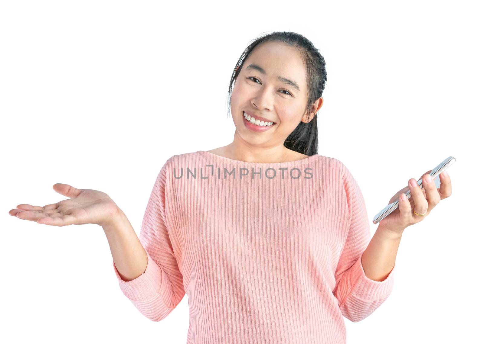 Happy smile face of beautiful young Asian woman use smartphone, Isolated on white background. by TEERASAK