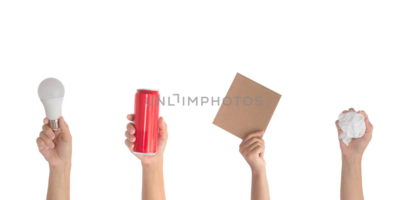 Close up hands hold set of recycling paper, aluminum can, light bulb objects isolated on white background. Ecology environment protection concept.