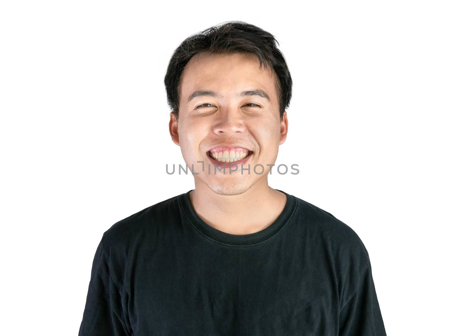 Happy and smile face of Asian man wearing black t-shirt isolated on white background.
