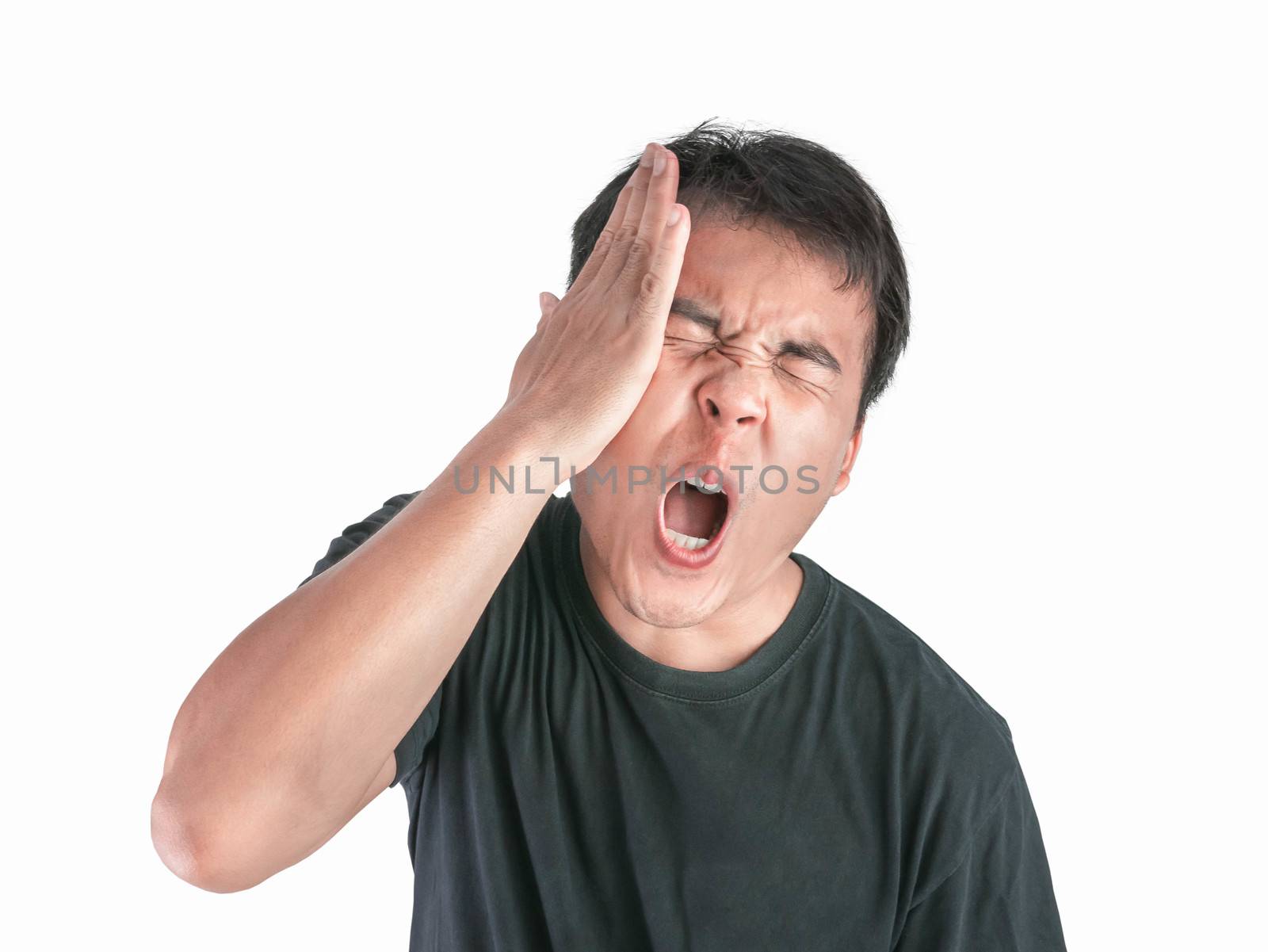 Stressed and frustrated face of Asian man wearing black t-shirt isolated on white background.