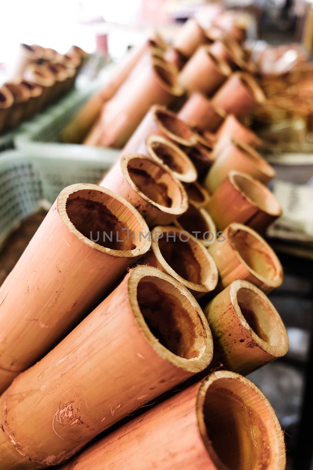 glutinous rice roasted in bamboo joints,Traditional Thai food