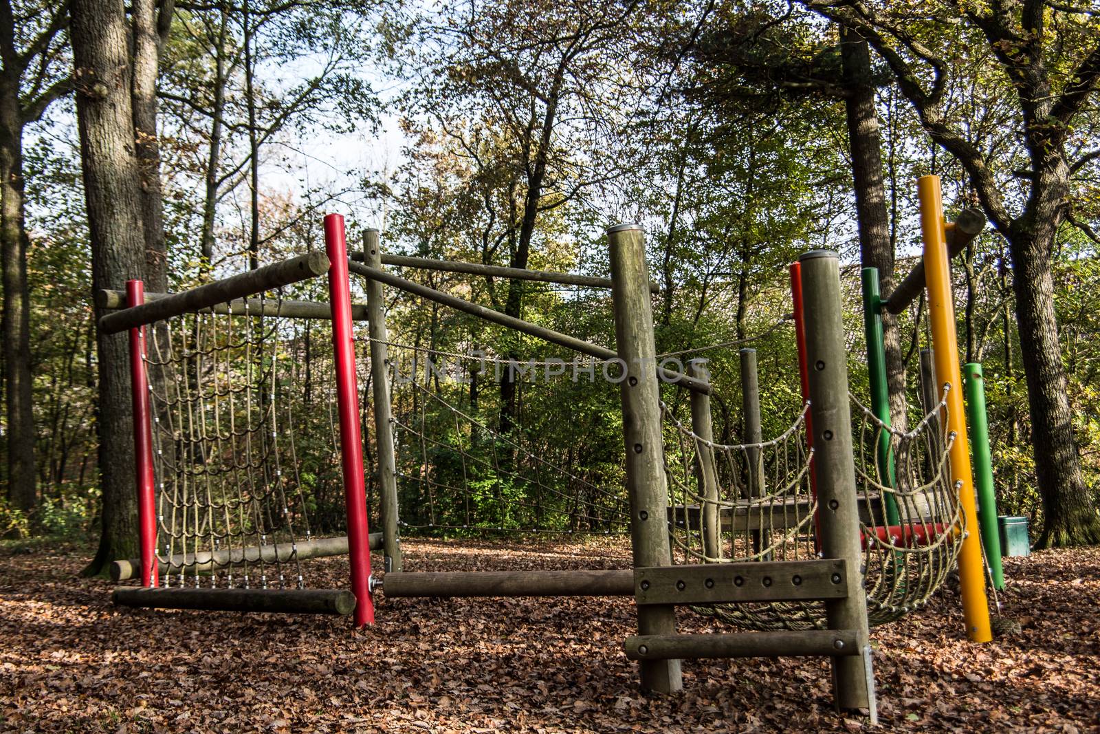 Children's playground with sports equipment in the deciduous forest