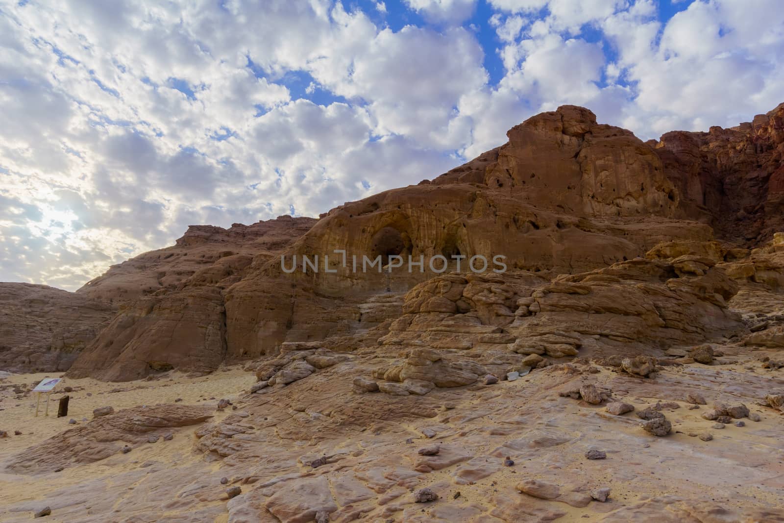 View of landscape and the Arches rock formation, in the Timna Valley, Arava desert, southern Israel