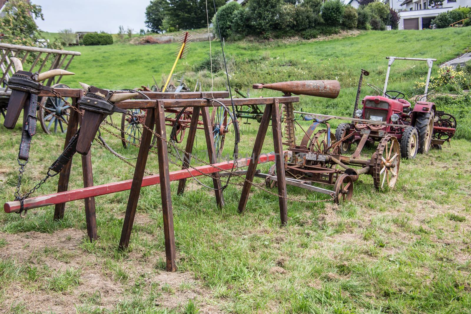 Historic agricultural machinery on the field