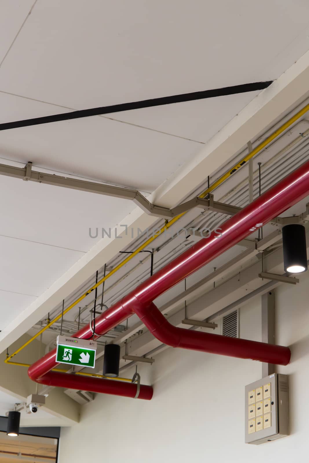 Pipe system hanging on ceiling.