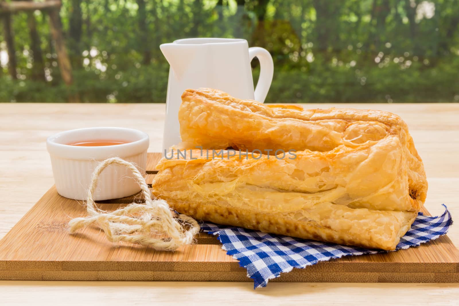 Freshly made puff pastry pie for tea break.
