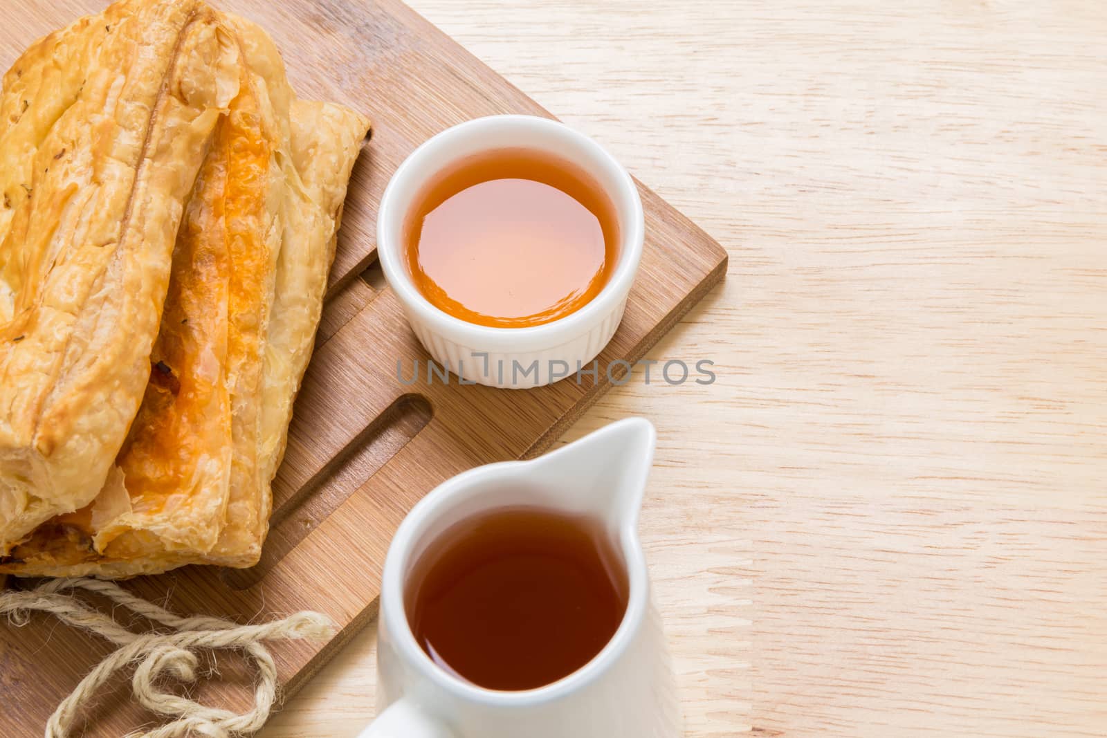 Freshly made puff pastry pie for tea break.