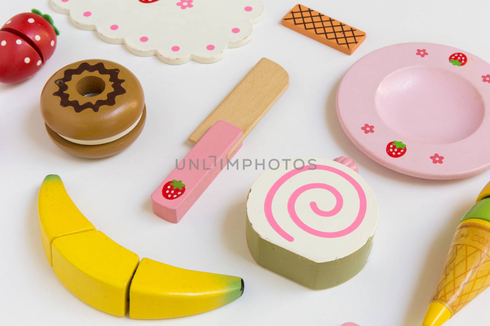 Fake food and kitchen equipment for little children.