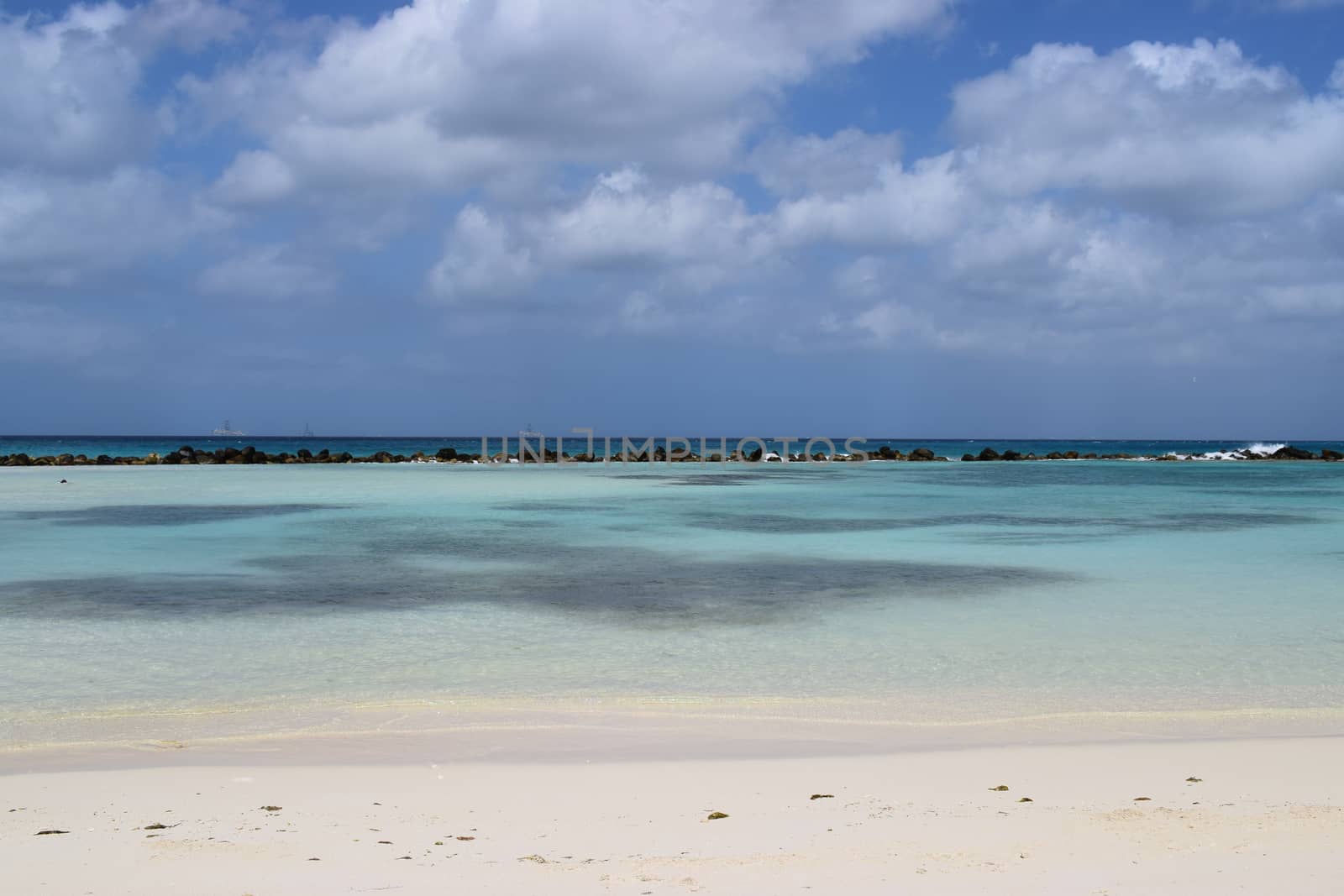 Aruba, Renaissance Island, Caribbean Sea. Sunny beach with white sand, coconut palm trees and turquoise sea. Summer vacation, tropical beach and pink flamingos