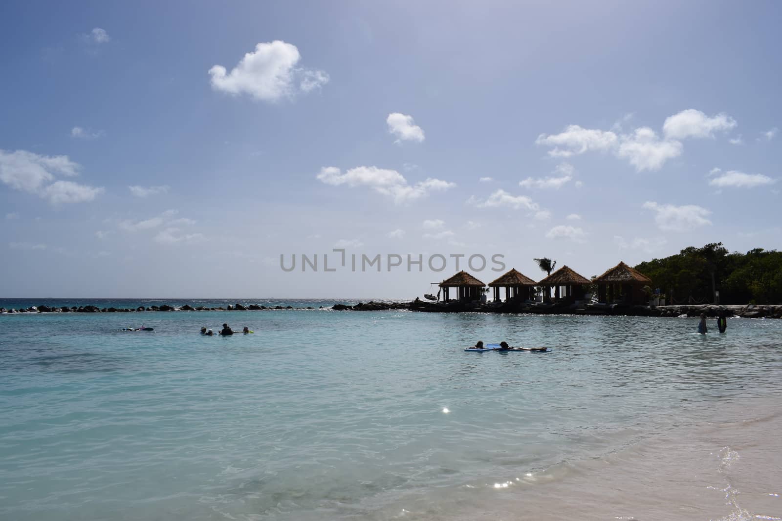 Aruba, Renaissance Island, Caribbean Sea. Sunny beach with white sand, coconut palm trees and turquoise sea. Summer vacation, tropical beach and pink flamingos