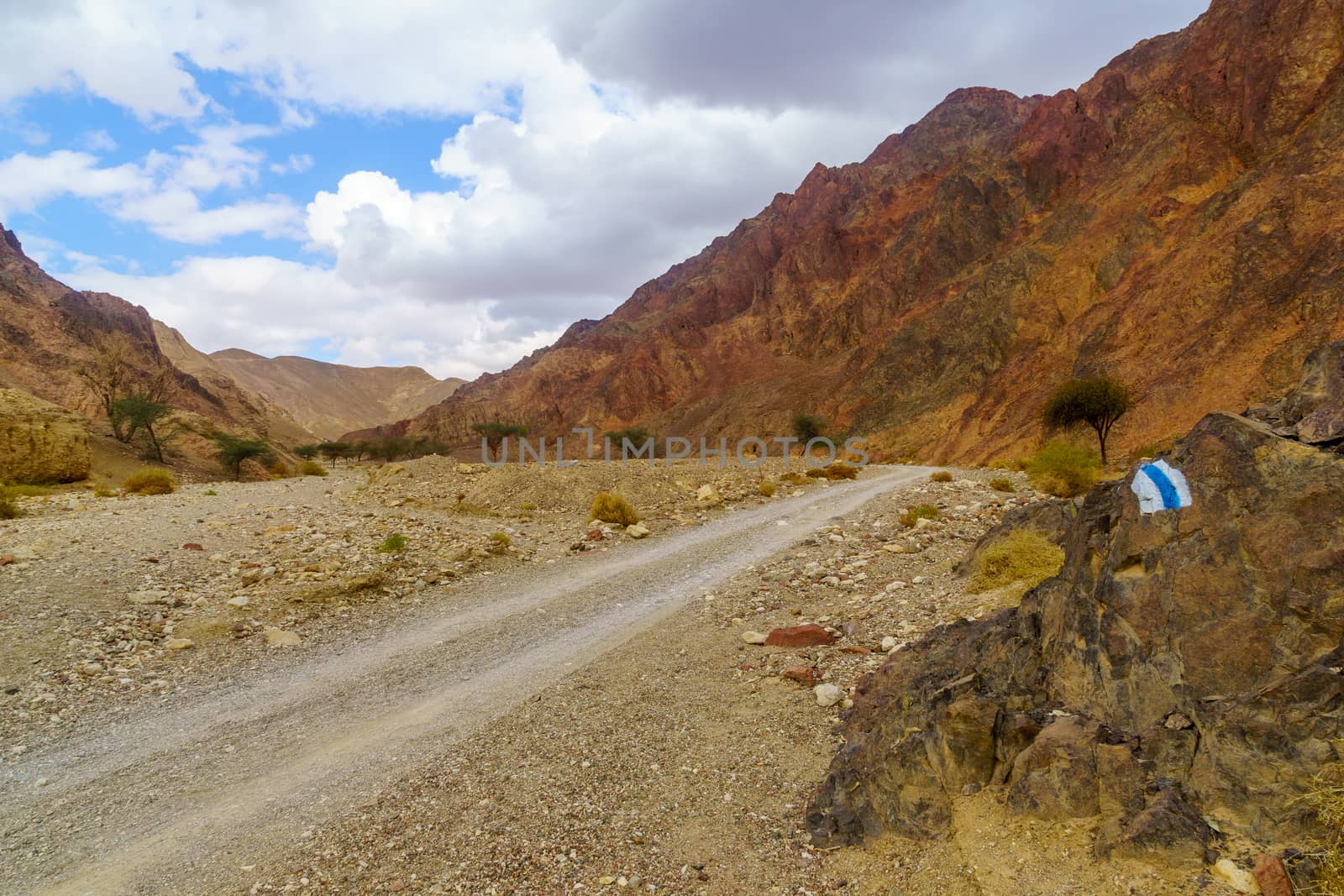 View of the Nahal Shlomo (desert valley). with a trail marks, Eilat Mountains, southern Israel