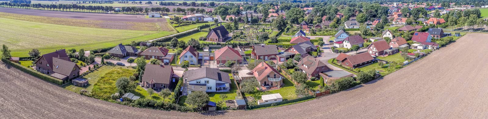 Stiched panorama of a small village in Germany, aerial view