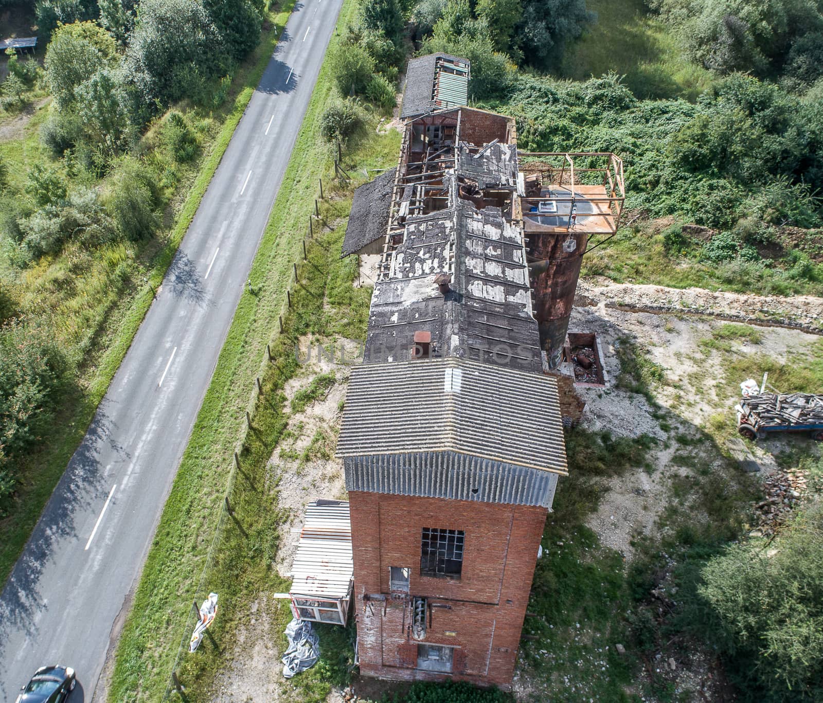 Aerial view of a lost place, industrial hall near Hildesheim, flight with a drone