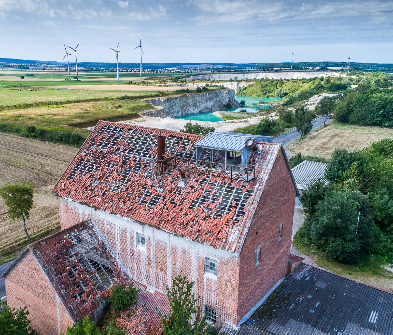 Aerial view of an old house, lost place, ruin, near Hildesheim, Germany