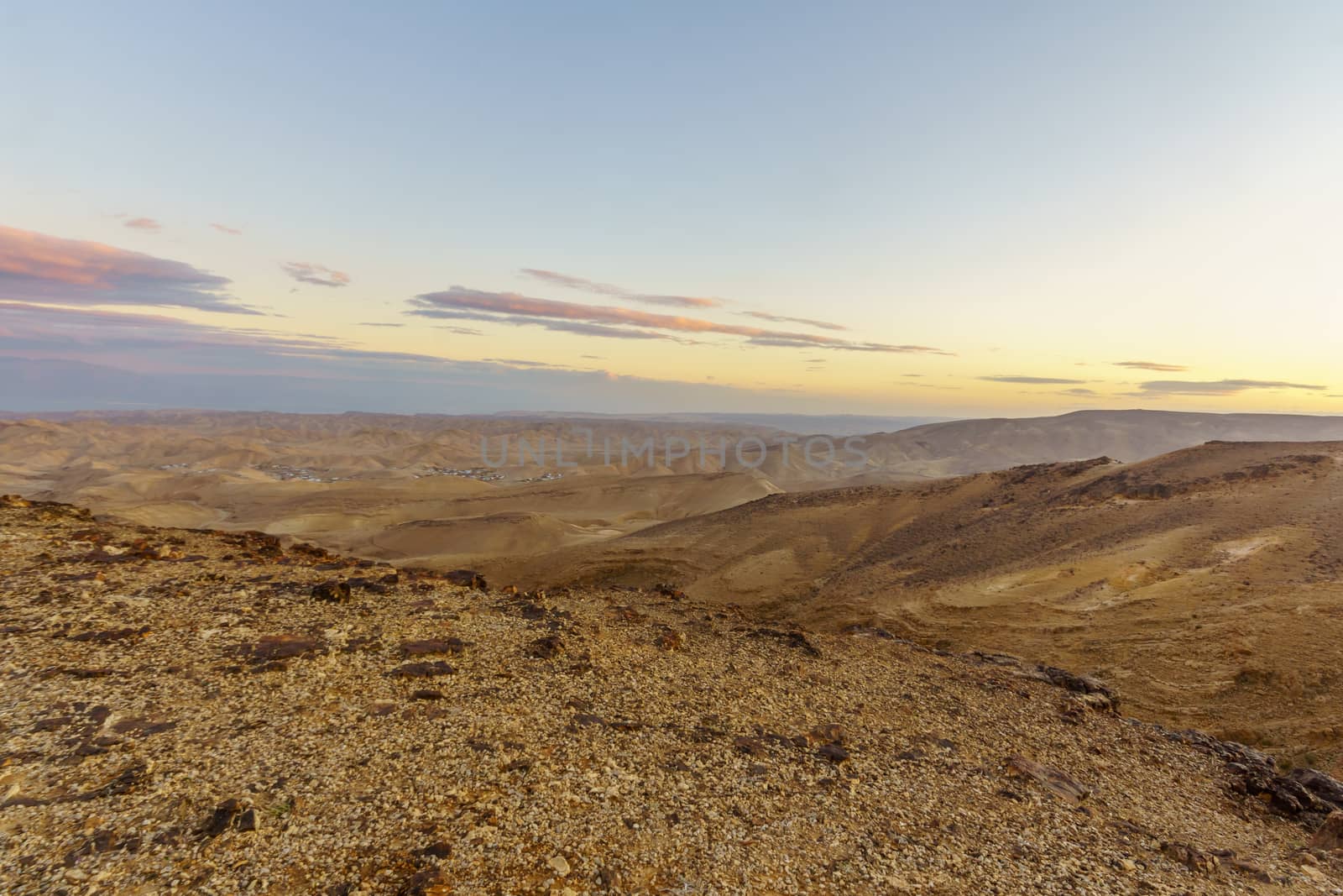 Sunset view of the Judaean Desert and the Dead Sea, from Moab viewpoint, Southern Israel