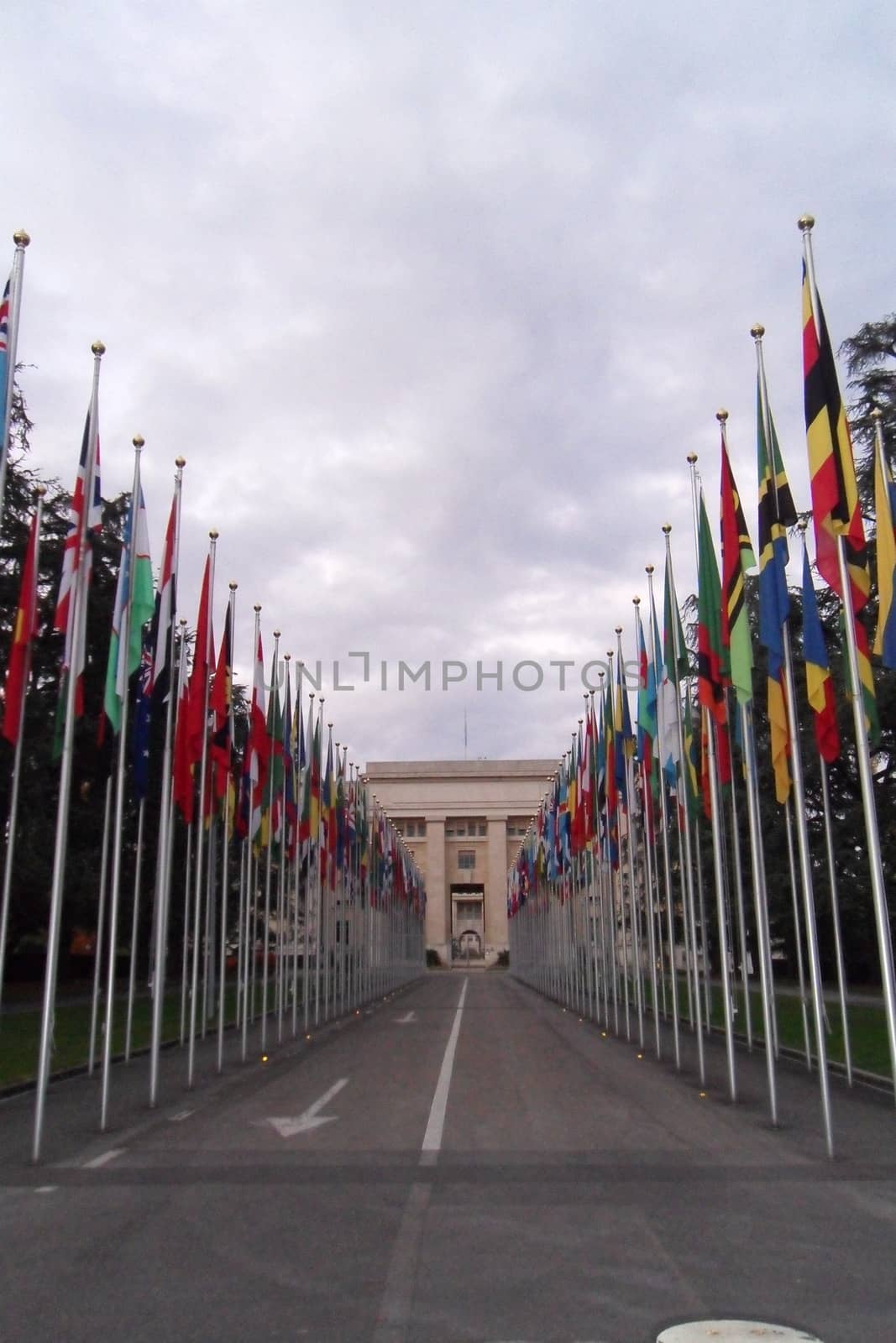 National flgs at the entrance in UN office at Geneva, Switzerland - The United Nations have one of their largest office at Geneva, Switzerland by matteobartolini